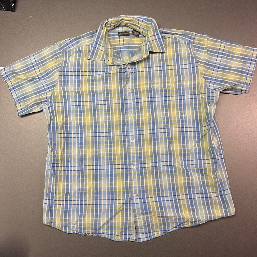 St. John's Bay Men's XL Blue Green Plaid Short Sleeve Button Front Casual Shirt